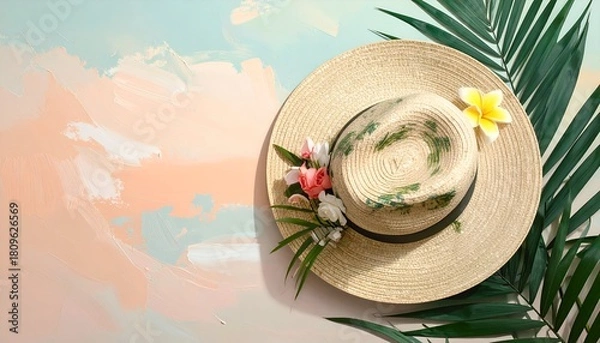Fototapeta A straw hat adorned with flowers and palm fronds against an abstract painted background