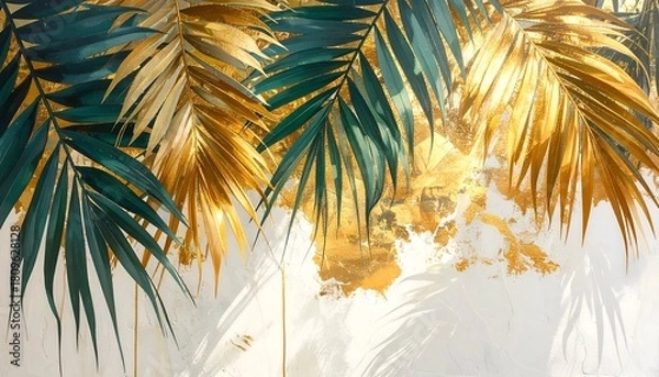 Fototapeta A stylish composition of teal palm fronds against a golden, textured background