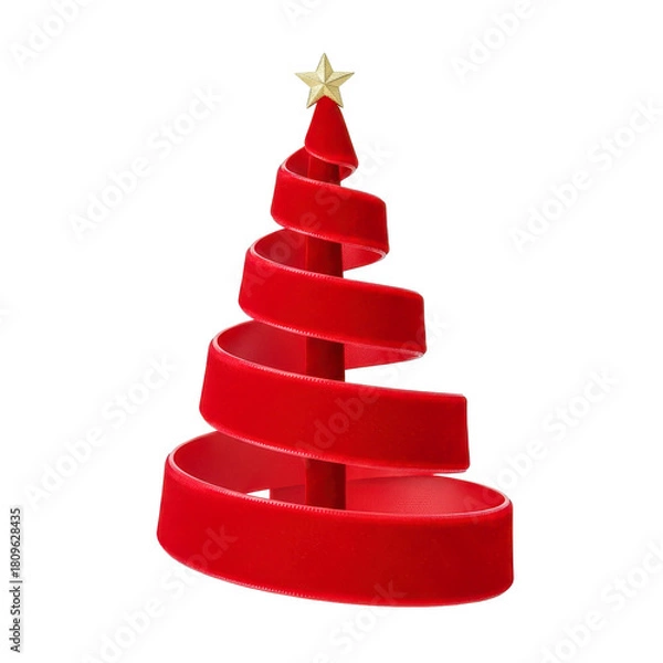 Fototapeta Modern abstract red ribbon christmas tree with golden star topper isolated on transparent background
