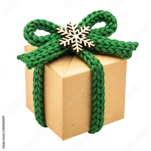 Fototapeta Holiday gift box with green knitted ribbon and wooden snowflake isolated on transparent background
