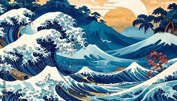 Fototapeta A stylized Japanese seascape featuring a large wave, mountains, and sun