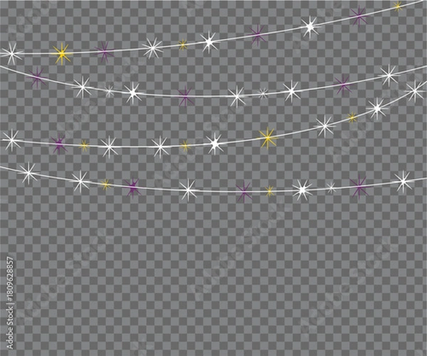 Fototapeta Glowing String Lights Overlay on Transparent Background