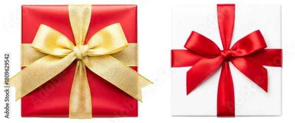 Fototapeta Two vibrant gift boxes with elegant ribbons on white background isolated on transparent background