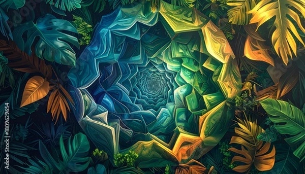 Fototapeta A stylized nature scene blending lush foliage with an abstract geometric core, evoking depth