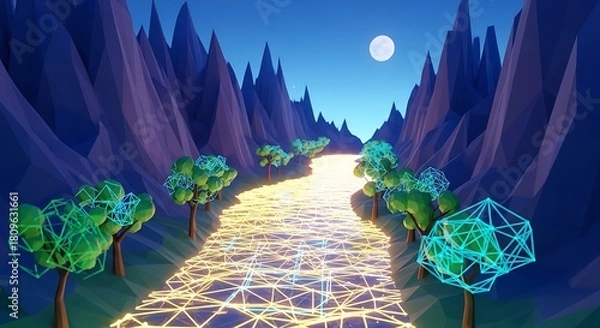 Obraz Low poly landscape with glowing trees and road under the moonlight