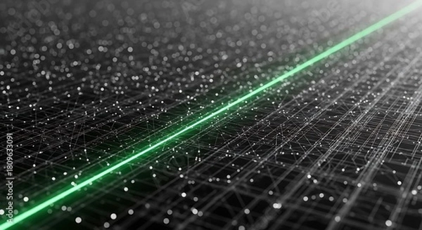 Obraz Abstract technology background with glowing green line and connecting dots