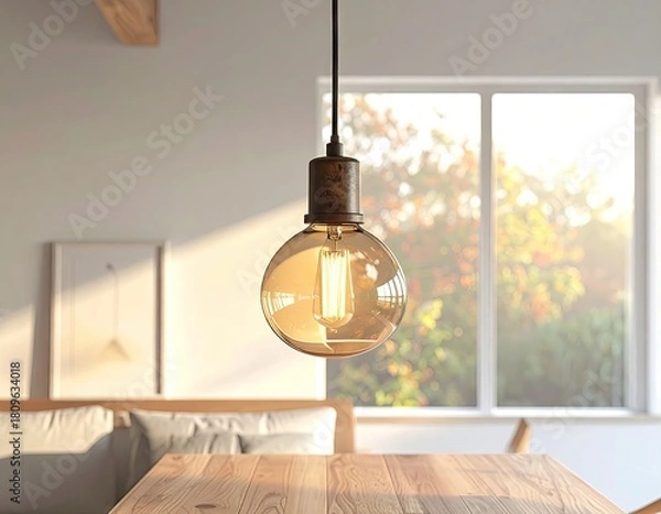 Obraz Close-up of a Decorative Light Fixture Hanging in a Modern Home Interior With Natural Daylight and Wooden Elements