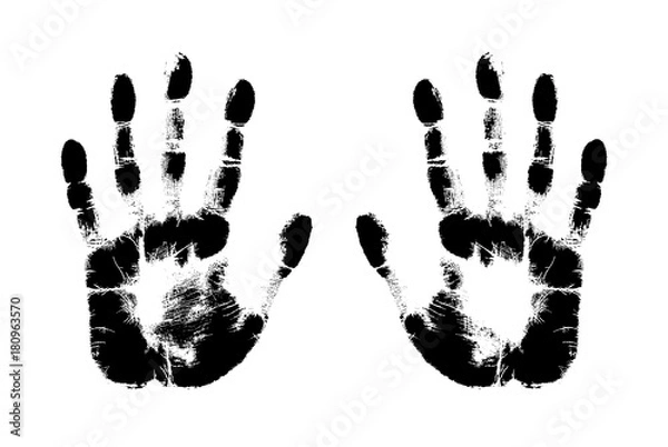 Fototapeta Print of hand of human, cute skin texture pattern,vector grunge illustration. Scanning the fingers, left and right palm on white background..