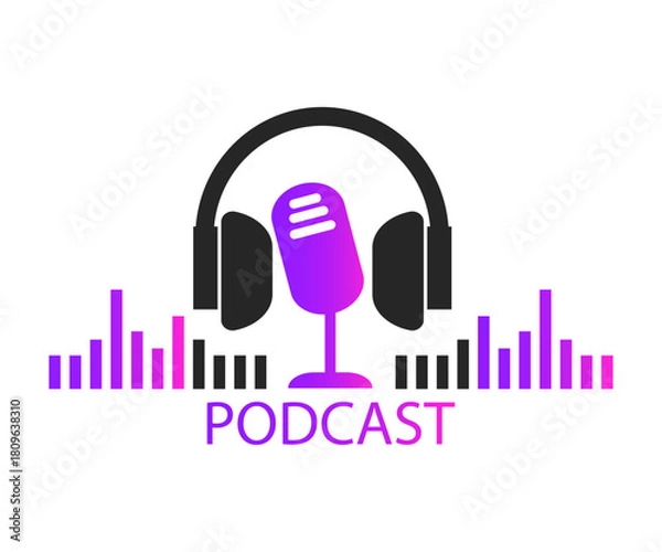 Fototapeta Podcast. Studio microphone with headphones and audio wave. Webcast audio record. Concept webinar, online training, radio show or audio blog.