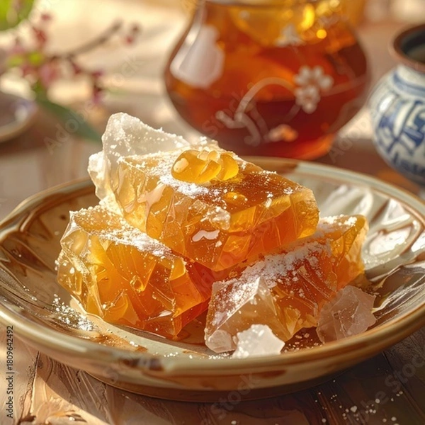 Fototapeta Honeycomb chunks stacked on a patterned plate, amber hue