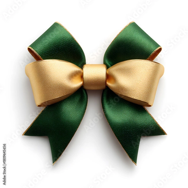 Obraz Green and Gold ribbon on white background. Top view of bow