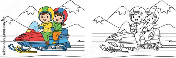 Fototapeta Vector coloring book page for kids featuring happy children riding a snowmobile in a winter mountain landscape.
