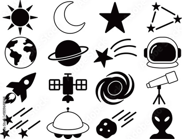 Fototapeta 宇宙のアイコン16種セット　モノトーン