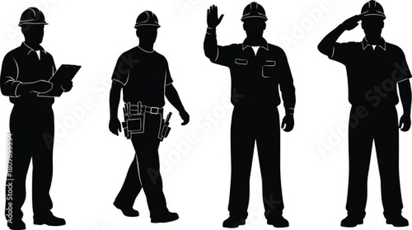 Fototapeta Set of construction worker silhouettes including supervisor with clipboard, laborer with tool belt and engineers waving, isolated vector illustration.