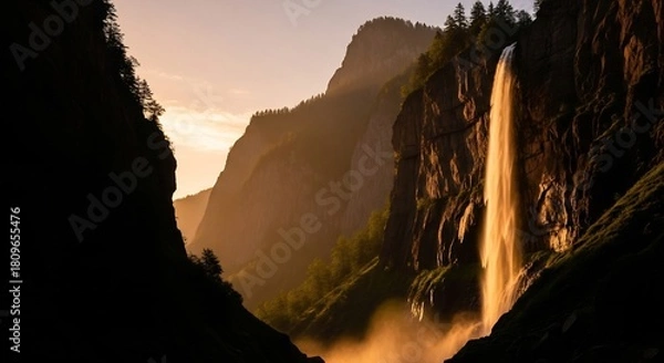 Fototapeta Golden Hour at Yosemite - A Breathtaking View of Bridalveil Fall.