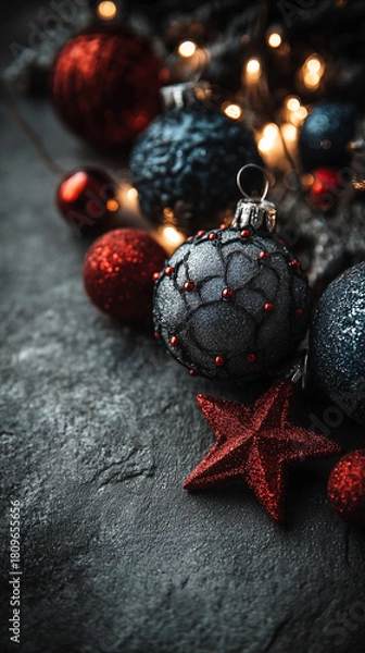 Obraz Dark Moody Christmas Background with Red and Blue Ornaments, Star and Bokeh Lights