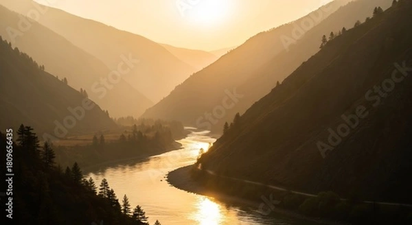 Fototapeta Golden Hour Over River Valley - A Serene Landscape.