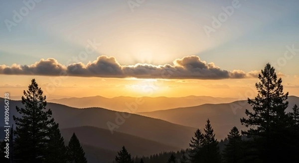 Fototapeta Golden Hour Serenity - A Mountain Vista at Sunset.