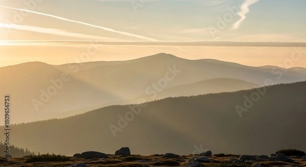 Fototapeta Golden Hour Serenity - Layers of Mountains Under a Hazy Sky.