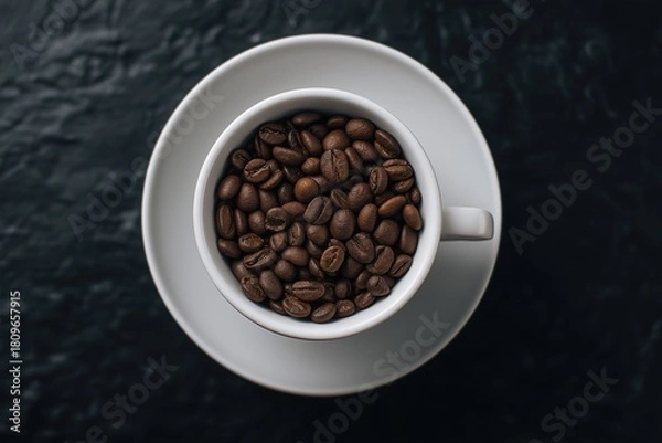 Obraz Overhead view of coffee beans in white cup and saucer against black studio setting, minimalist concept for beverage recipe, cafe menu, or lifestyle blog imagery.