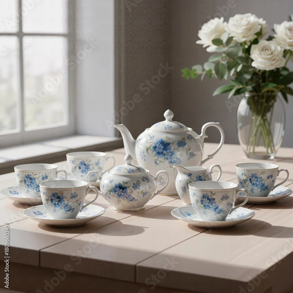Fototapeta Floral tea set with cups and teapot arranged on wooden table  