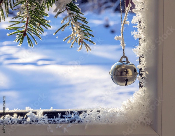 Fototapeta Jingle bell resting on a windowsill dusted with snow and ice. Ai