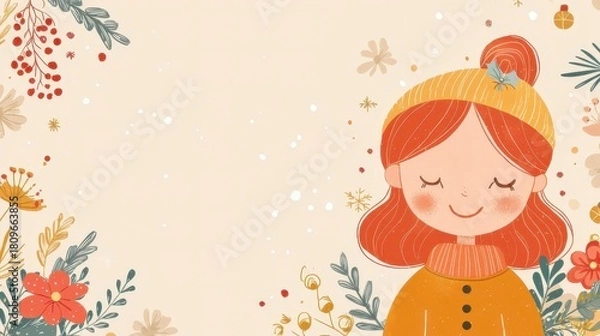 Fototapeta Charming Female Character with Floral Elements and Soft Colors