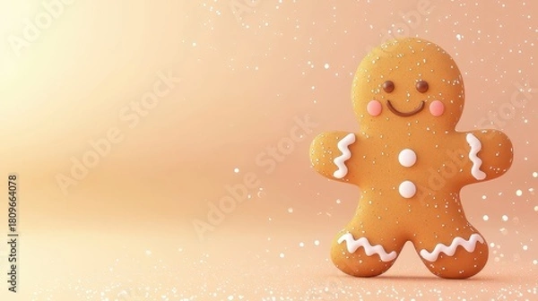 Fototapeta Cheerful Gingerbread Cookie on Bright Background with Sparkles