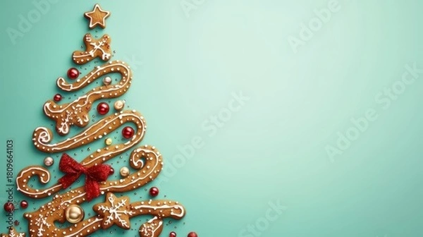 Fototapeta Gingerbread Christmas Tree with Decorations and Icing on Green Background