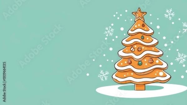 Fototapeta Festive Gingerbread Christmas Tree with Snowflakes on Teal Background