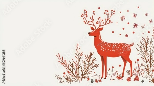 Fototapeta Elegant Red Deer with Floral Antlers in Minimalist Nature Setting