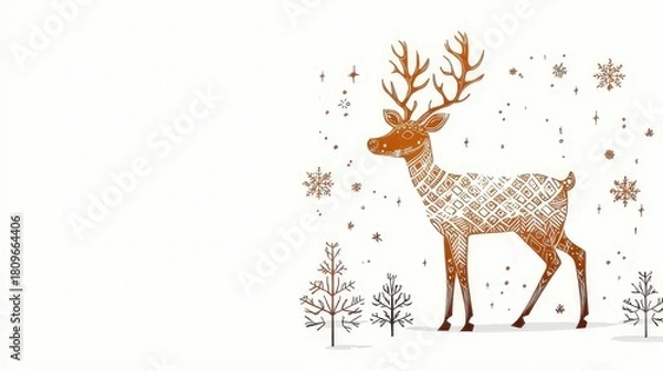 Fototapeta Decorative Reindeer in Artistic Style with Snowflakes and Trees