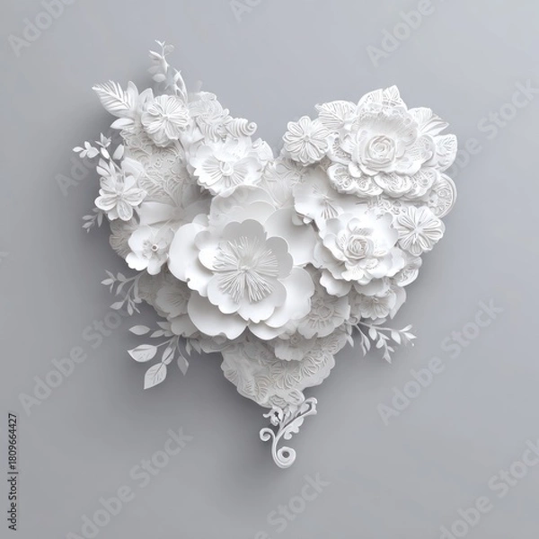 Obraz White paper flowers form a heart shape against a gray backdrop, 3D effect