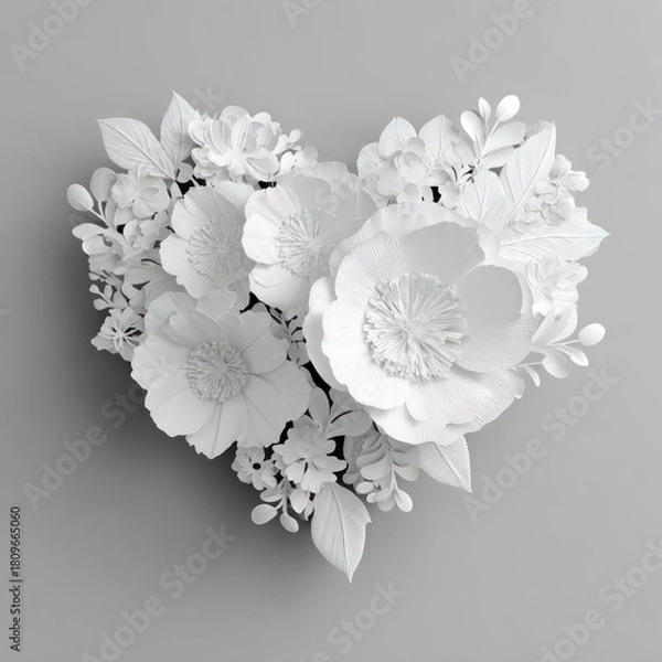 Obraz A heart-shaped arrangement of white paper flowers, leaves, & petals on a gray background