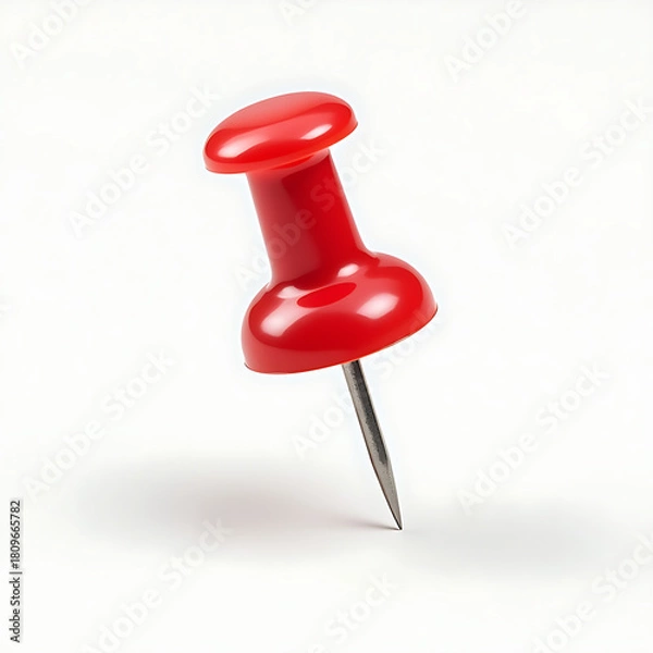 Obraz Red plastic push pin isolated on white background, a sharp office tool to attach a paper note or memo to a board