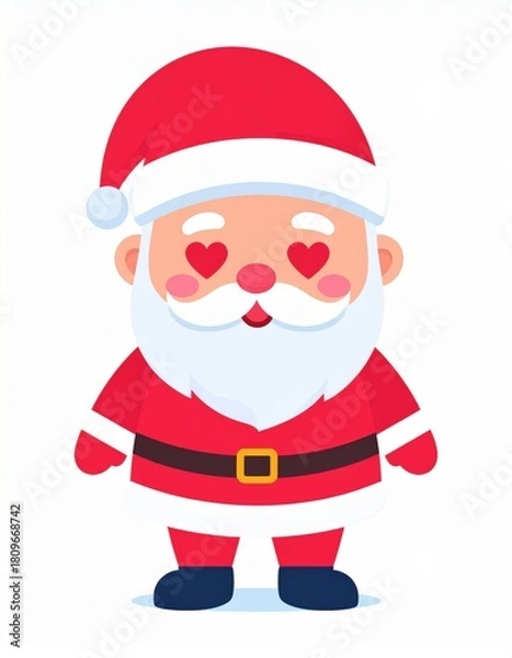 Fototapeta A cute, cartoon Santa Claus character with heart-shaped eyes, wearing a red suit and white beard, radiating joy and festive cheer.