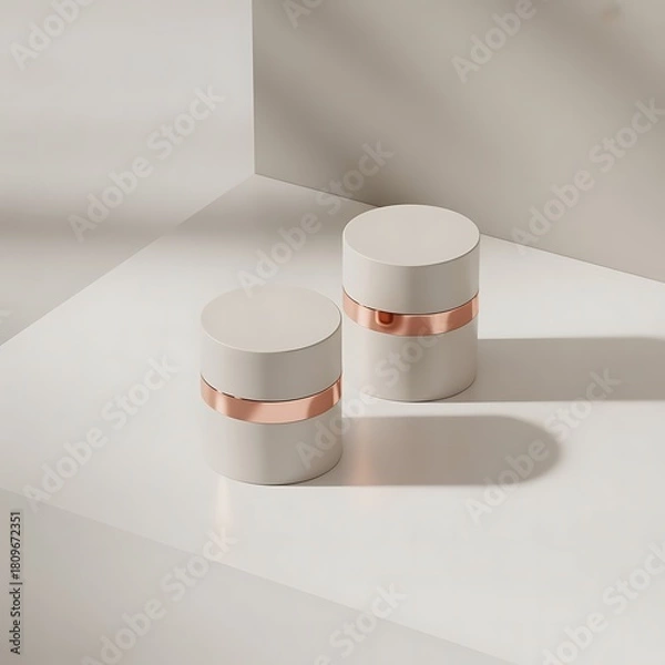 Obraz Two elegant round cream jars with copper accents on neutral surface sleek cosmetic containers modern product packaging skin care essentials