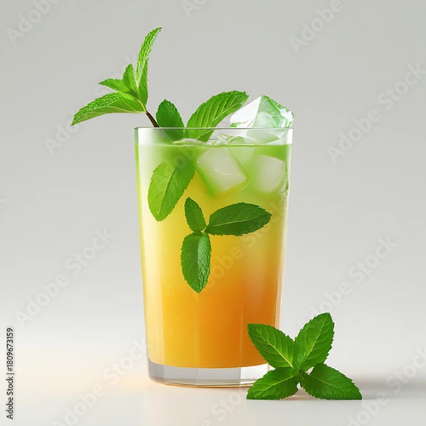 Obraz Fresh mojito cocktail drink with mint leaves, ice, and lime in a glass for summer refreshment