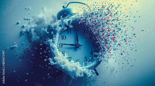 Obraz A surreal frozen clock face shatters and dissolves into tiny pixel dust, blending time, abstraction, and digital decay in a striking futuristic scene.