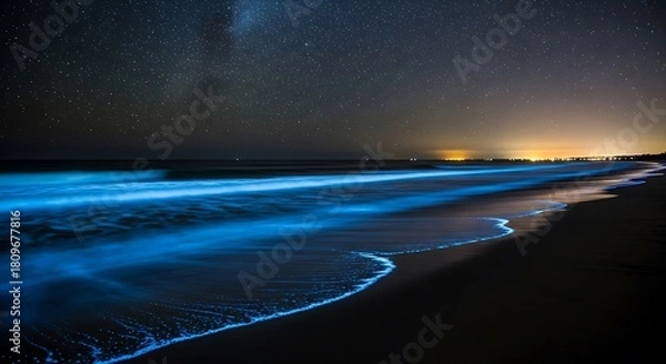 Fototapeta Mesmerizing Bioluminescent Waves Illuminate the Dark Shoreline Under a Breathtaking Blanket of Stars, Creating a Stunning Natural Spectacle