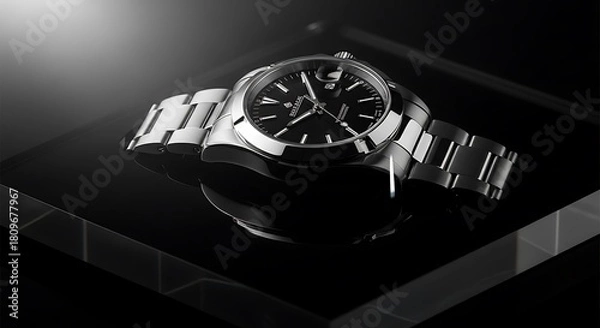 Fototapeta Sophisticated metallic timepiece with a sleek black dial elegantly displayed on a glossy, reflective surface under dramatic studio lighting, emphasizing its luxurious craftsmanship and modern design