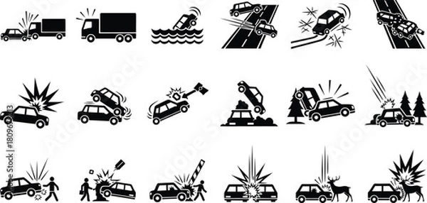 Obraz Car accident vector icon set of collision insurance crash damage traffic transportation wreck hit and run road automobile safety pictogram symbol