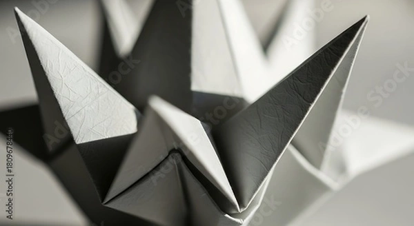 Fototapeta Abstract close-up of a geometric origami paper sculpture with sharp folds and dramatic shadows creating a star-like shape