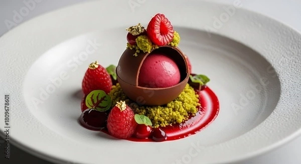 Fototapeta A decadent chocolate sphere dessert with vibrant raspberry sorbet, artfully presented with fresh berries and pistachio crumble