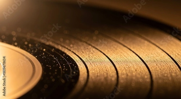 Fototapeta Golden light illuminates the detailed grooves of a classic black vinyl record, capturing the warm essence of analog audio and musical nostalgia