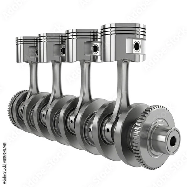 Fototapeta 3D Crankshaft Assembly with Four Pistons Connecting Rods Gear Teeth Engine Mechanics | Realistic Transparent PNG Automotive Internal Combustion Part
