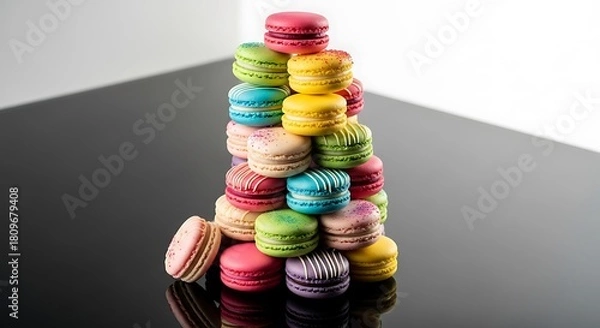 Fototapeta A vibrant and delicate pyramid of colorful French macarons showcasing a variety of sweet flavors, artfully stacked on a reflective surface, perfect for dessert lovers