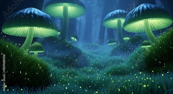 Fototapeta Enchanting twilight forest scene with towering bioluminescent mushrooms and glowing moss creating a mystical, dreamlike atmosphere
