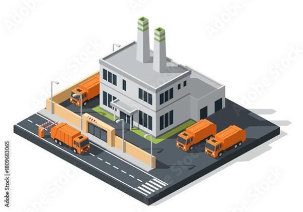 Fototapeta Isometric vector illustration of a waste processing plant with twin smokestacks, a security gate, and orange garbage trucks navigating the facility grounds