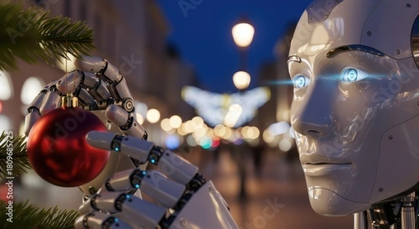 Fototapeta Futuristic robot holding christmas ornament with bokeh city lights background